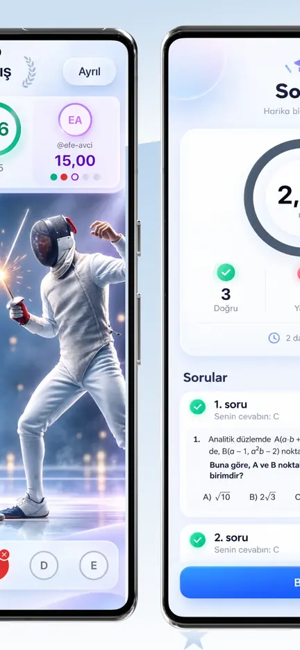 Düello sonuç ekranı: doğru, yanlış ve boş sayıları ile soru dökümü